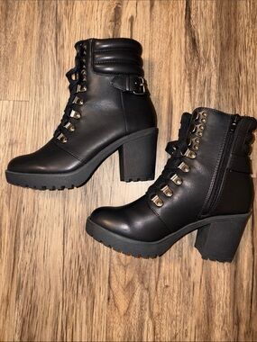 MIA Black Leather Lace-Up Heeled Ankle Boots
